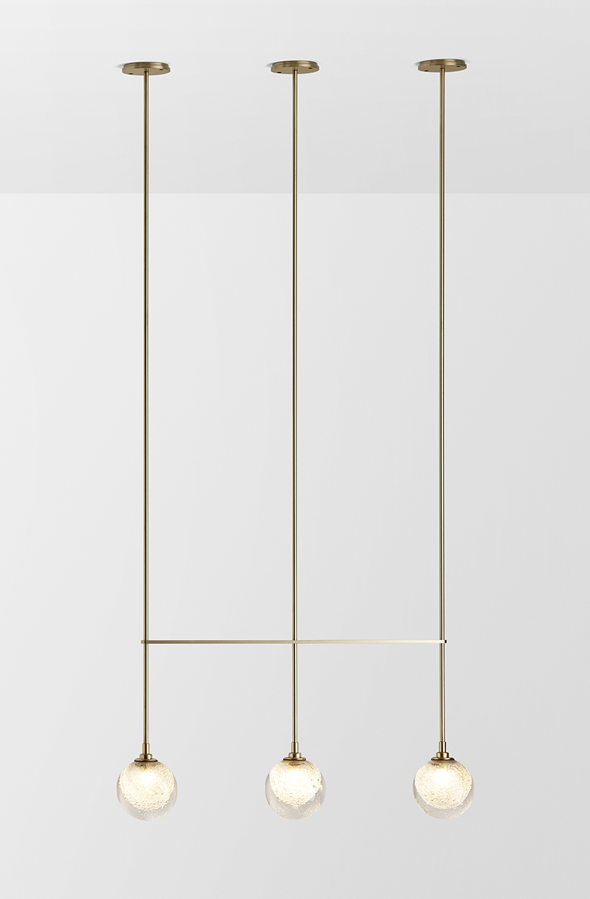 Articolo Studios Luxury Lighting Fizi Triple Pendant in Brass with Fizi Ball Shades