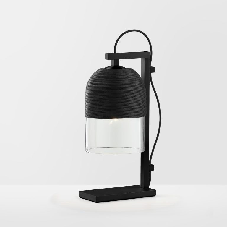 Articolo Studios luxury lighting. Indi table lamp with a clear shade and black weave