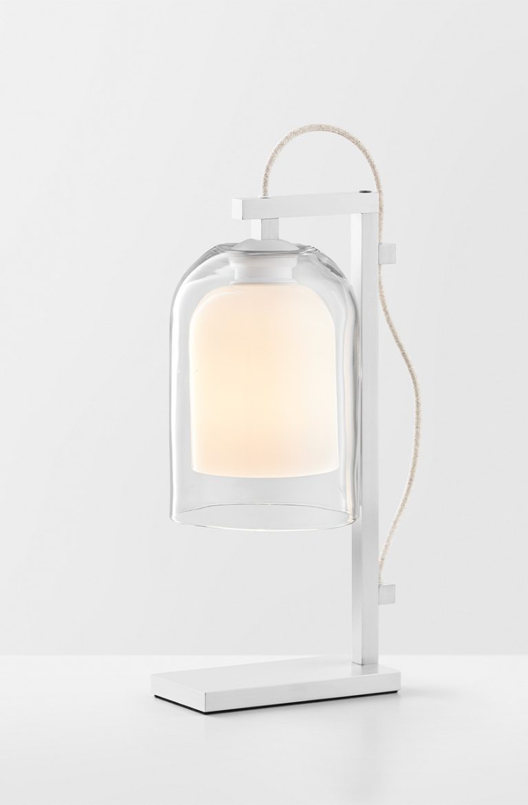 Articolo Studios Luxury Lighting Lumi Table Lamp in White Powder Coat and Clear and White Shade