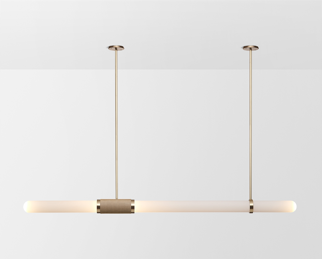 Studios Scandal Long Pendant in Brass with Silver Mesh Inlay and Snow Glass Shade