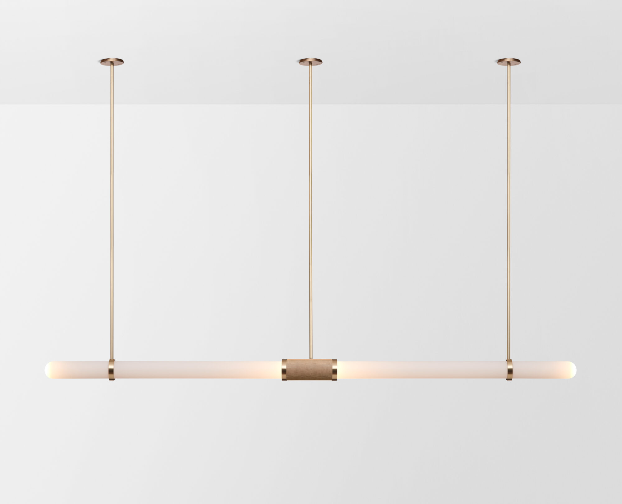 Articolo Studios Luxury Lighting Scandal Extra Long Pendant in Brass with Snow Shades and Brass Mesh Inlay