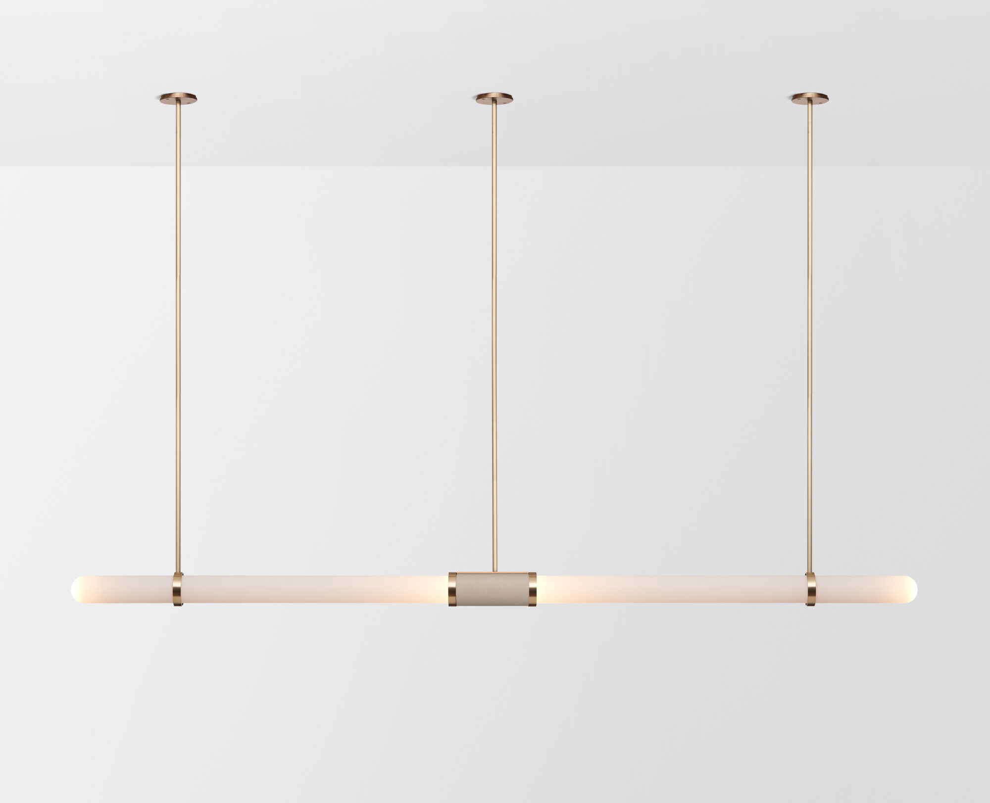 Articolo Studios Luxury Lighting Scandal Extra Long Pendant in Brass with Snow Shade and Latte Leather Inlay