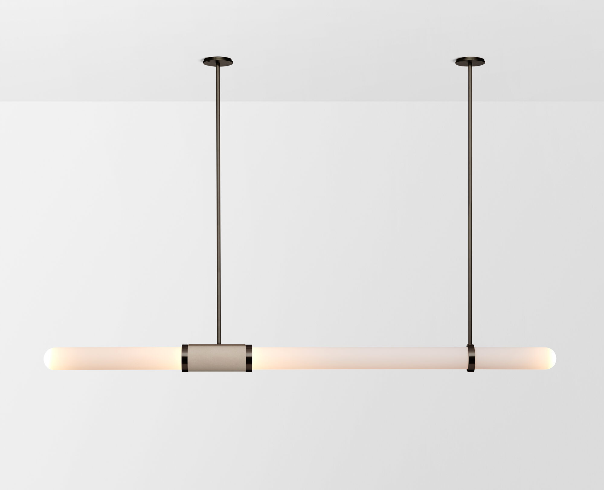 Articolo Studios Luxury Lighting Scandal Long Pendant in Bronze with Snow Shade and Latte Leather Inlay