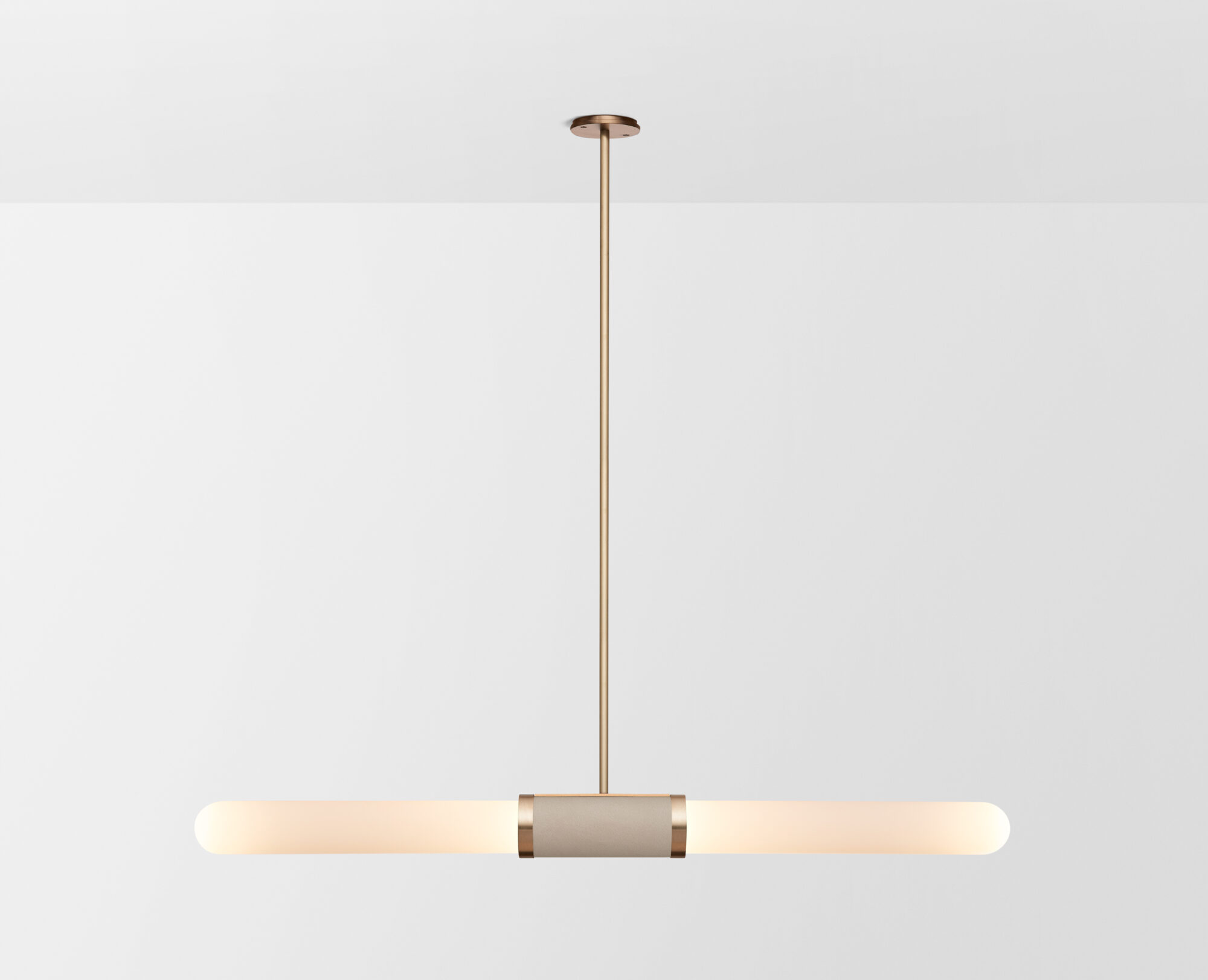 Articolo Studios Luxury Lighting Scandal Long Pendant in Brass with Snow Shade and Latte Leather Inlay