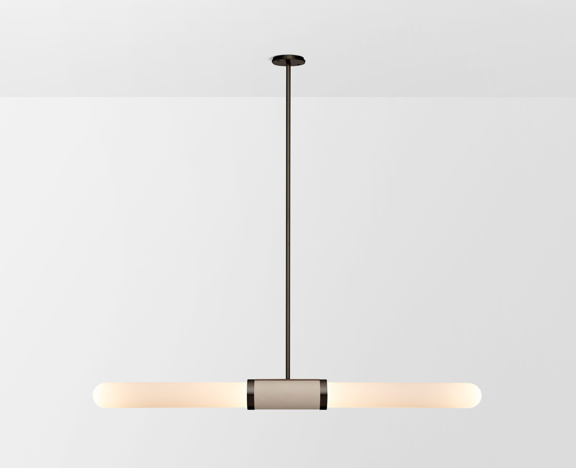 Articolo Studios Luxury Lighting Scandal Short Pendant in Bronze with Snow Shades and Latte leather inaly