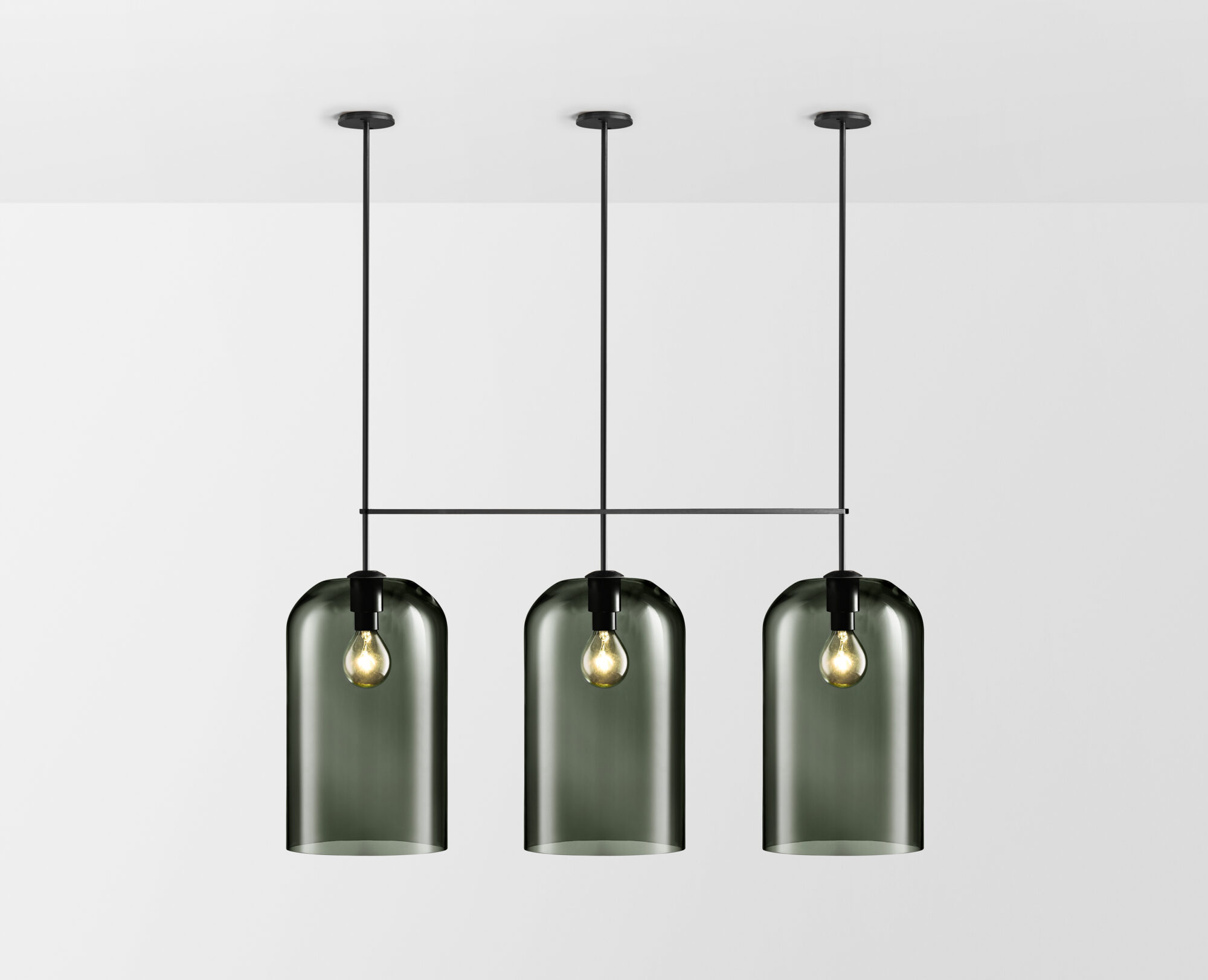 Articolo Studios Luxury Lighting Lumi Extra Large Triple Pendant in Black Electroplate and grey Shade