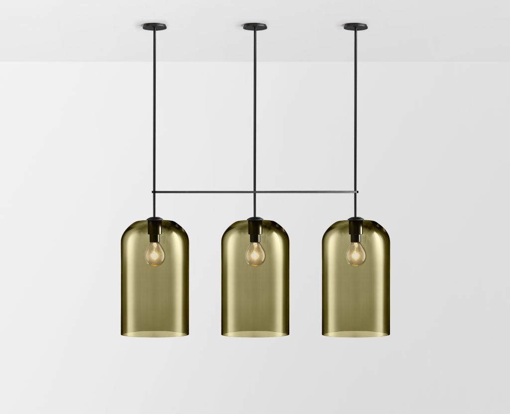 Articolo Studios Luxury Lighting Lumi Extra Large Triple Pendant in Black Electroplate and Smoke Shade