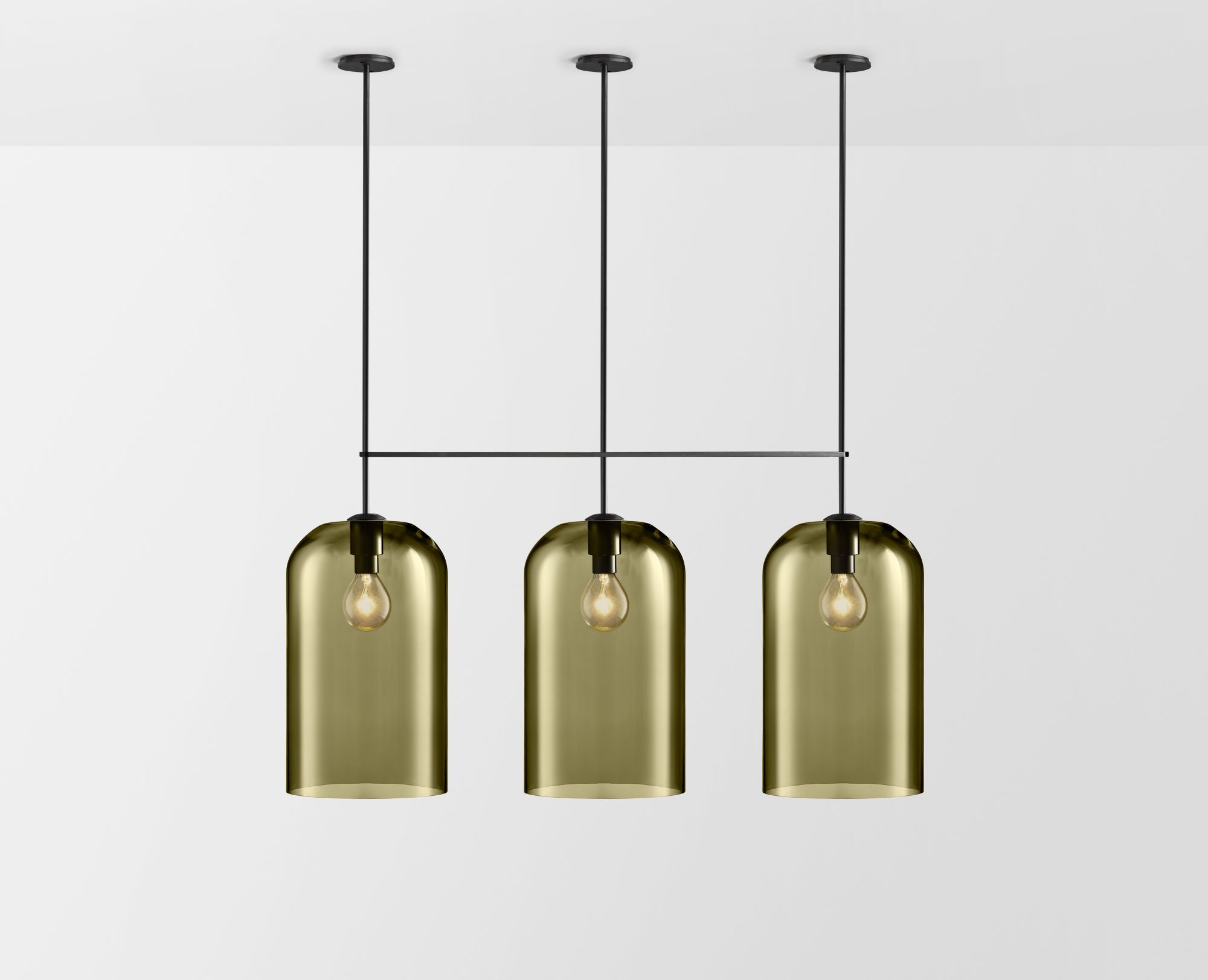 Articolo Studios Luxury Lighting Lumi Extra Large Triple Pendant in Black Electroplate and Smoke Shade