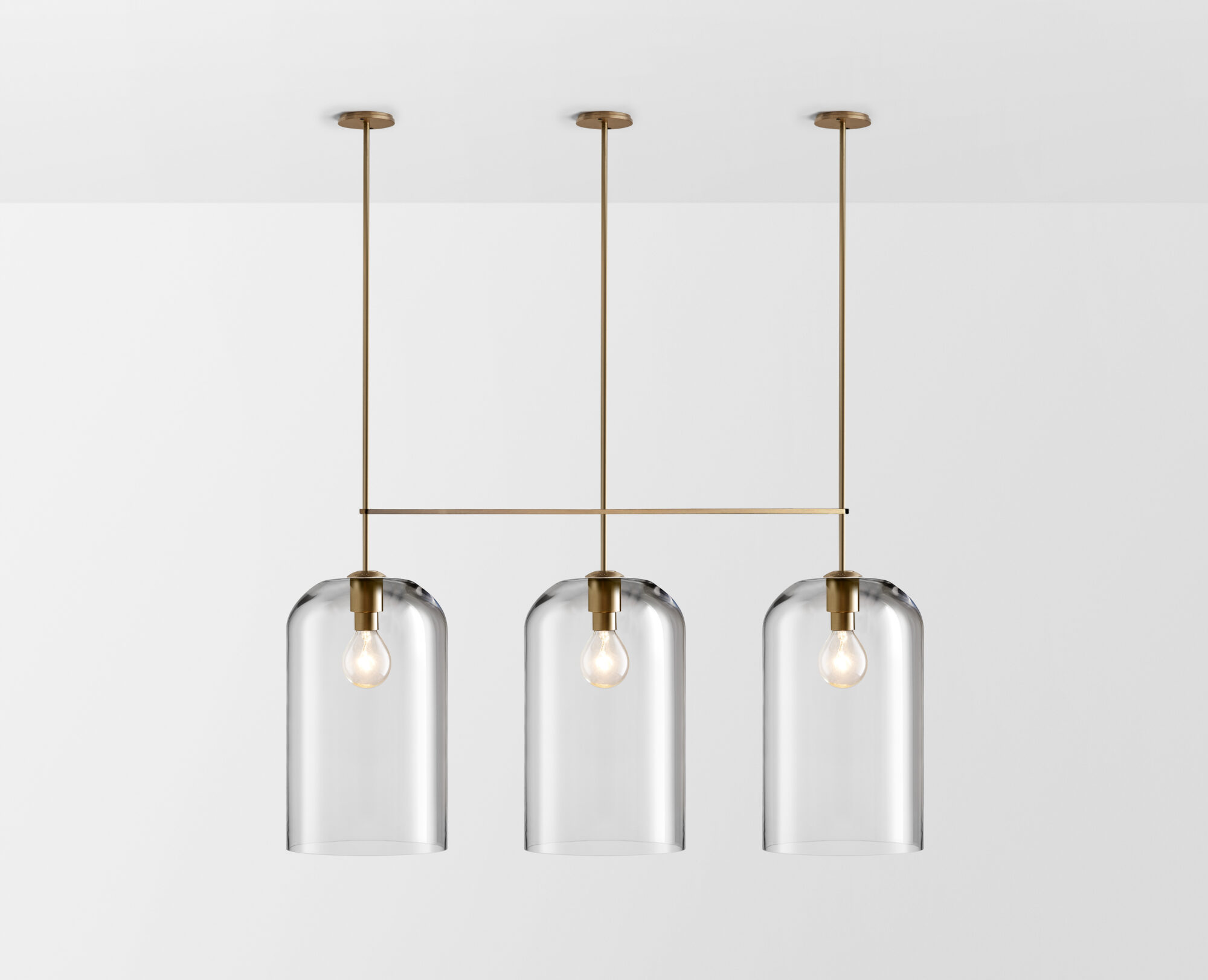 Articolo Studios Luxury Lighting Lumi Extra large Triple Pendant in Brass with Clear Shade