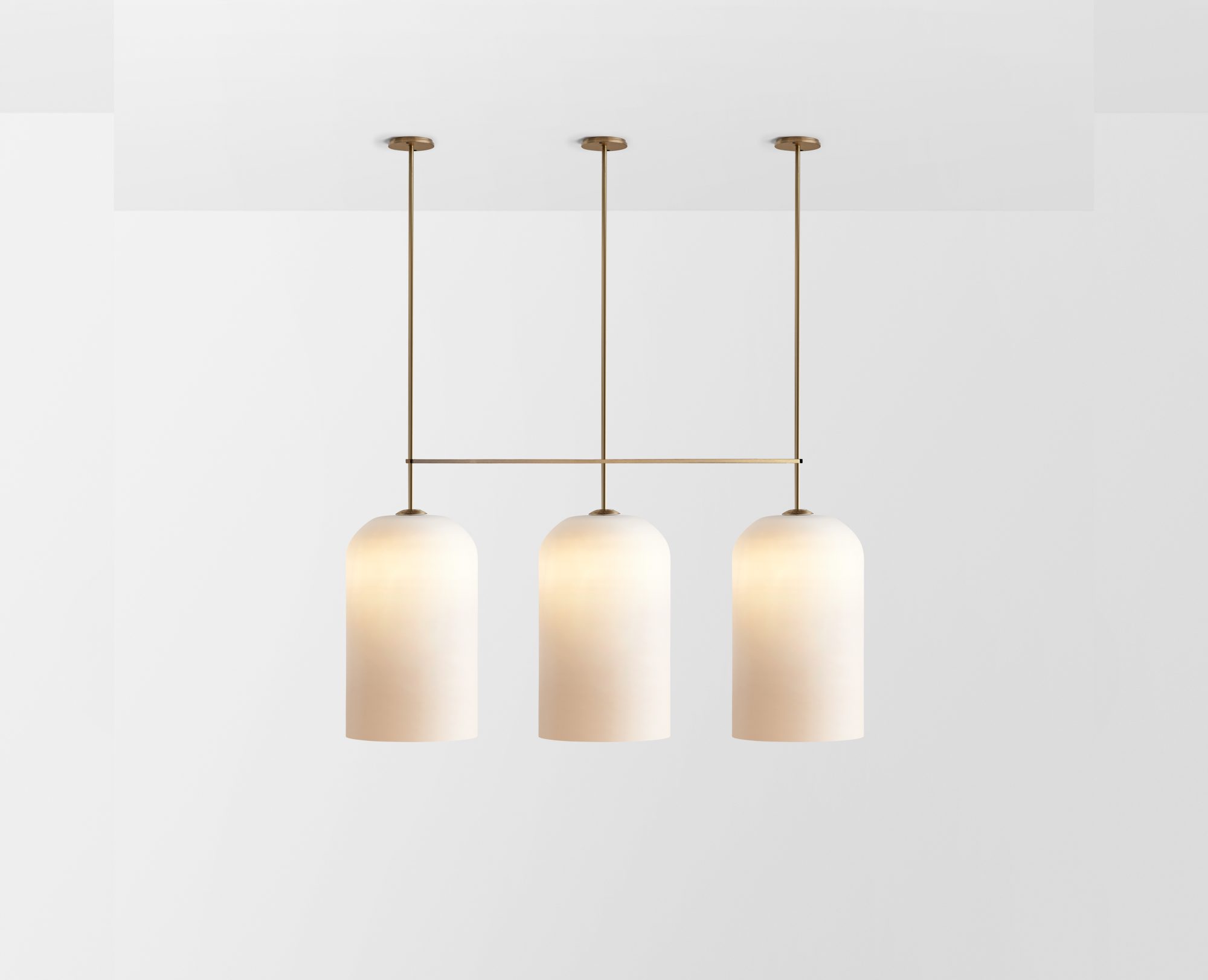 Articolo Studios Luxury Lighting Lumi Extra Large Triple Pendant in Brass with Frosted White Shades