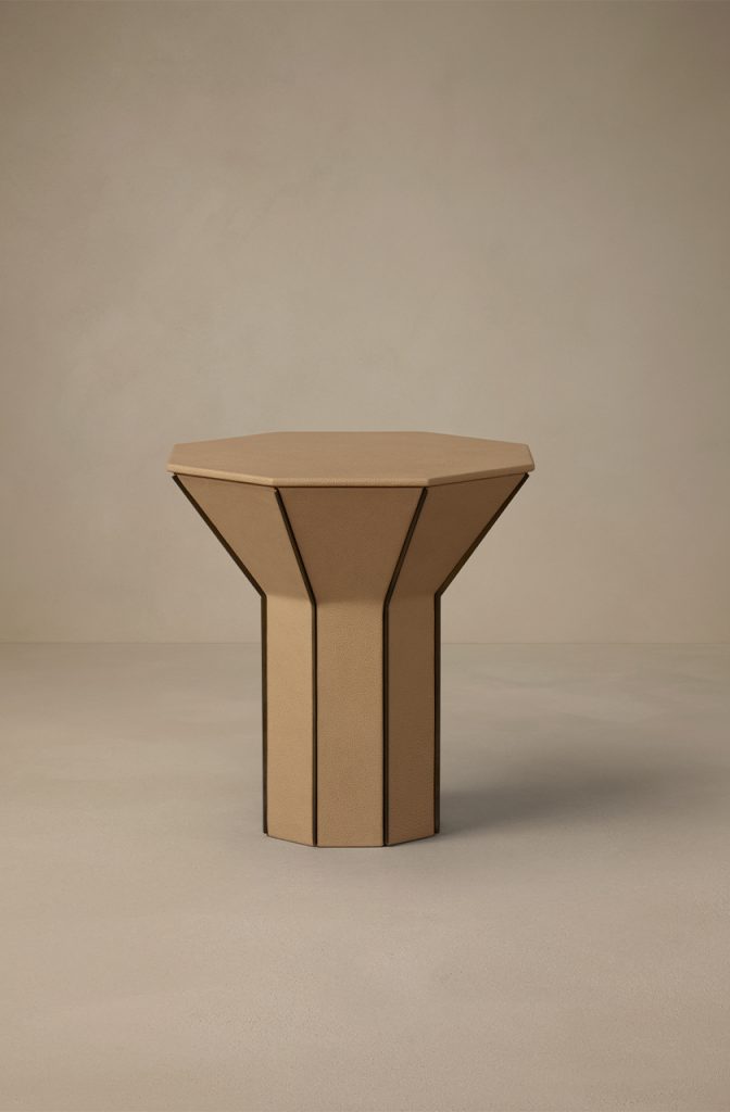 Articolo Studios Luxury Lighting Flare Tall Side Table in Nouagt Leather and Bronze Fins