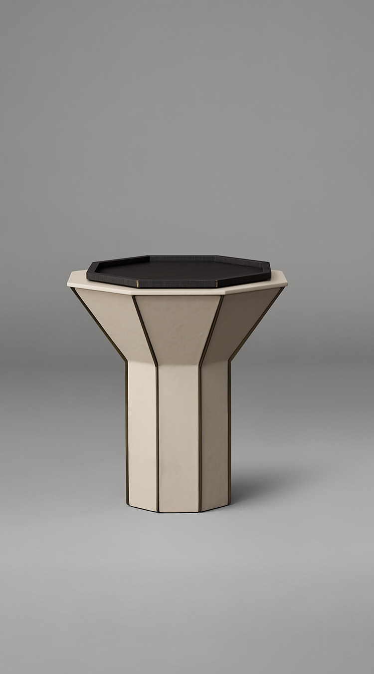 Articolo Studios Home Luxury Furniture Tall Flare Side Table in Latte Leather with Veneer and Bronze Tray