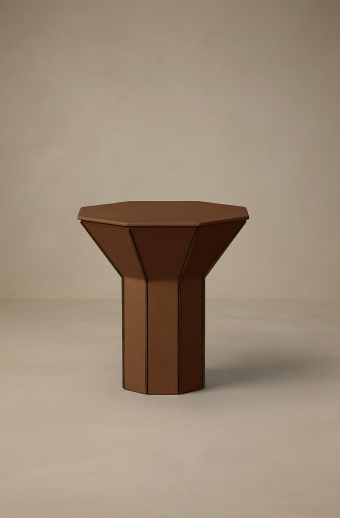 Articolo Studios Luxury Furniture Flare Side Table in Pecan Leather with Bronze Fins