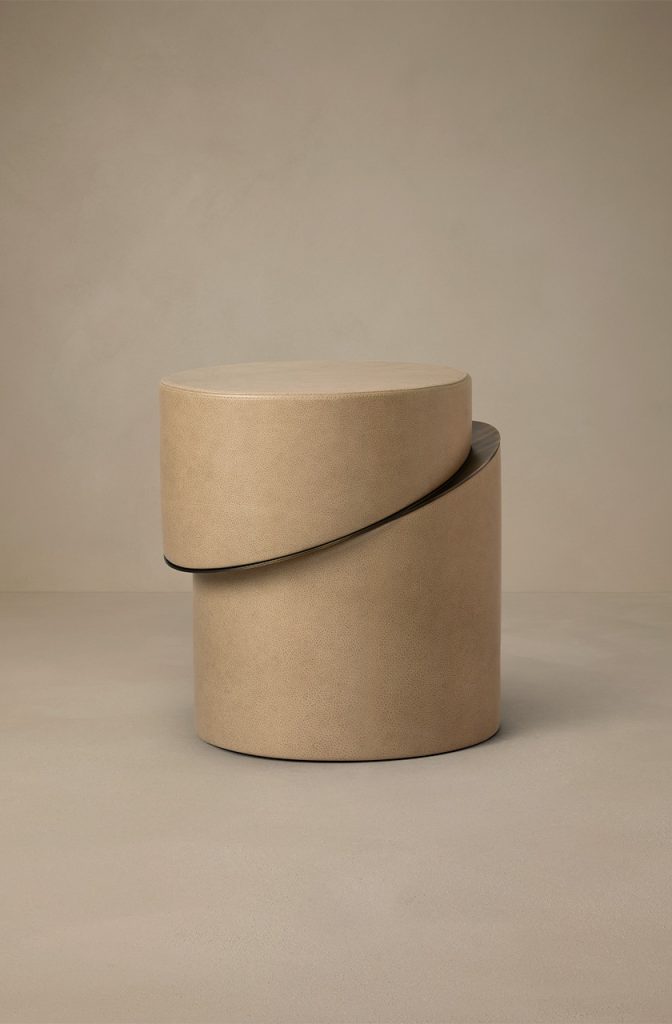 Articolo Studios Luxury Lighting Slip Side Table in Nougat Leather and bronze Detail