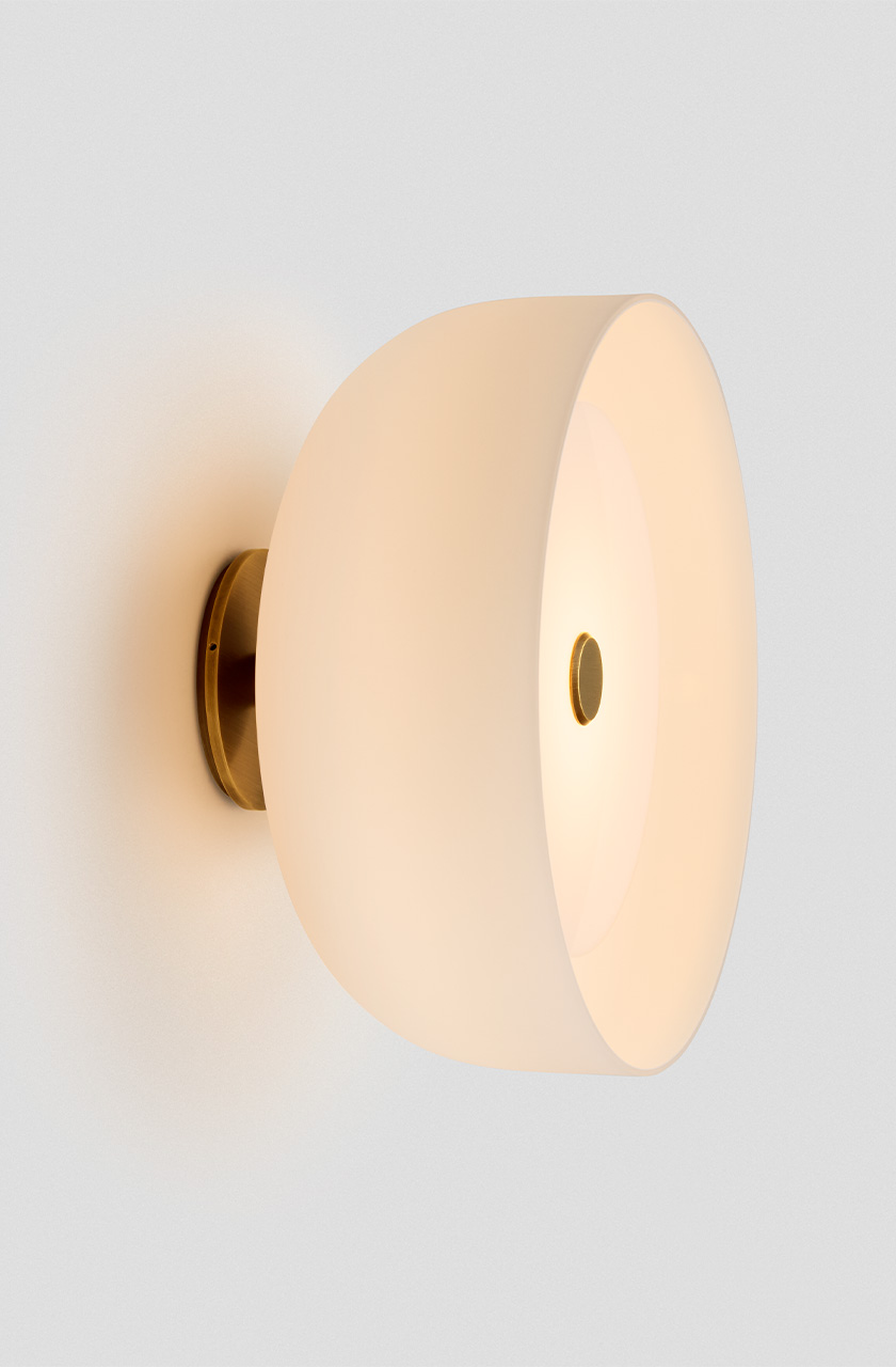 Articolo Studios Luxury Lighting Rolo Facing Forward Wall Sconce in Brass with Snow Shade