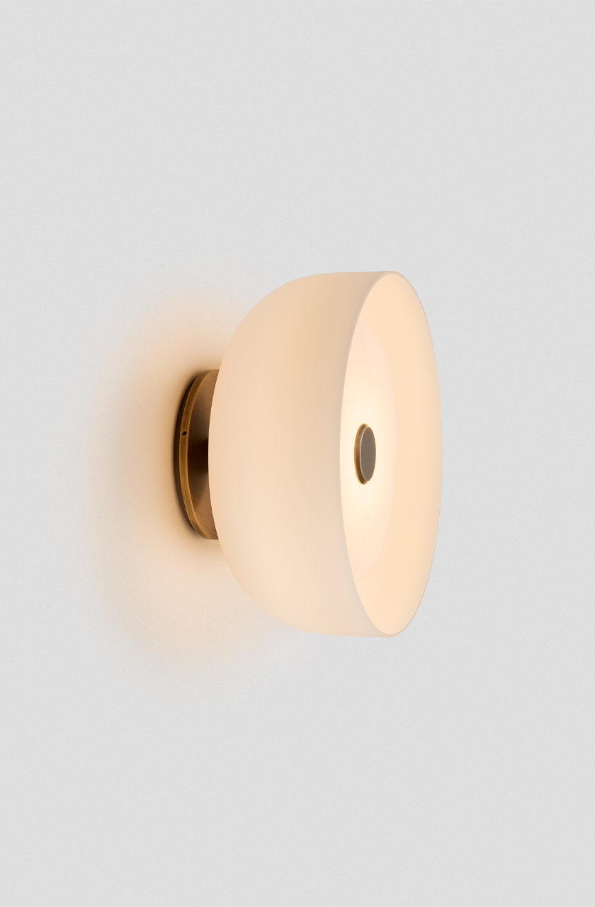 Articolo Studios Luxury Lighting Rolo Medium Forward Facing Wall Sconce in Brass with Snow Shade