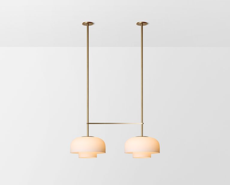 Articolo Studios Luxury Lighting Rolo Large Double Down Double Pendant in Brass with Snow Shade