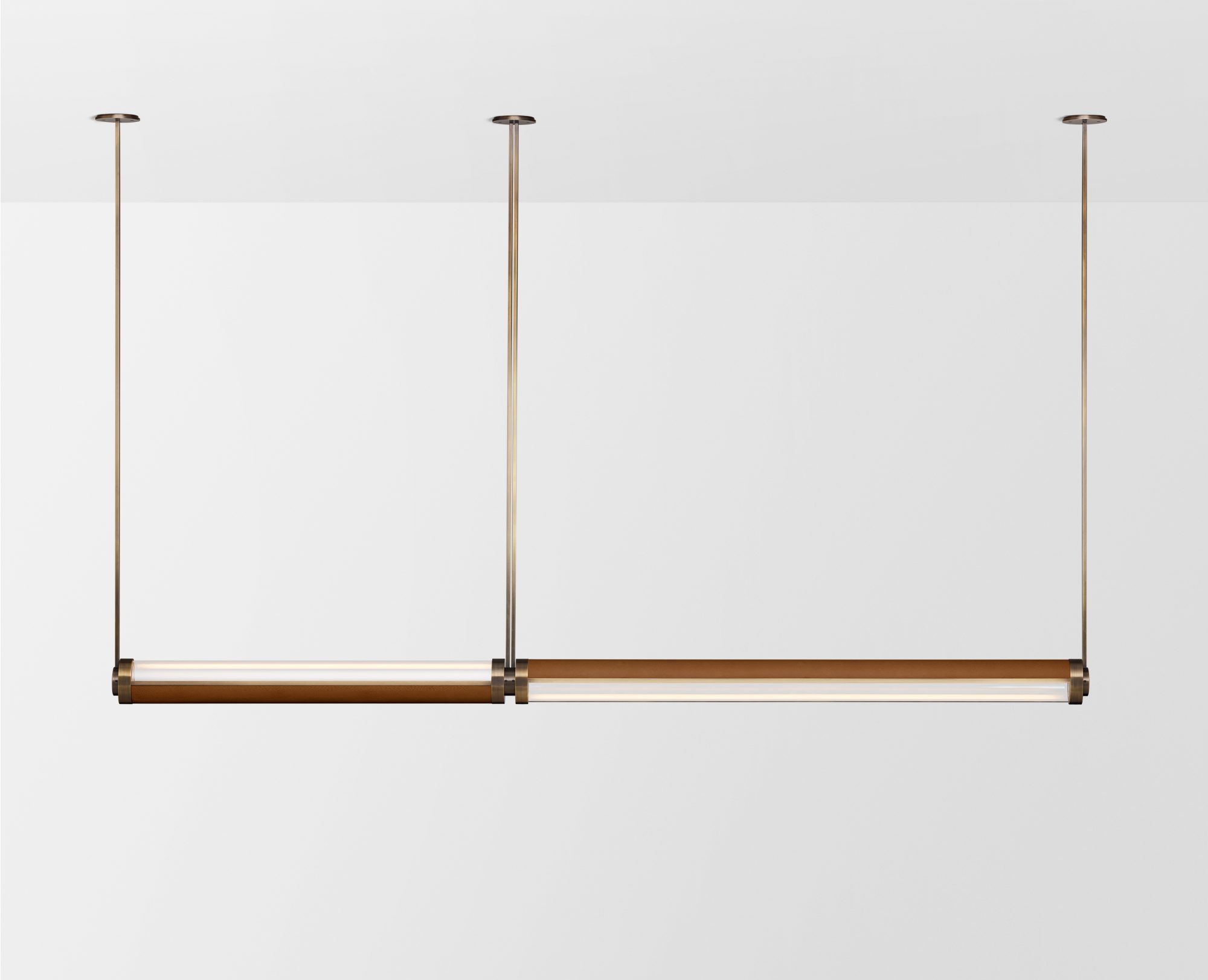 Articolo Studios Luxury Lighting Swivel Large and Extra Large Double Pendant in Bronze with Driftwood Leather Inaly