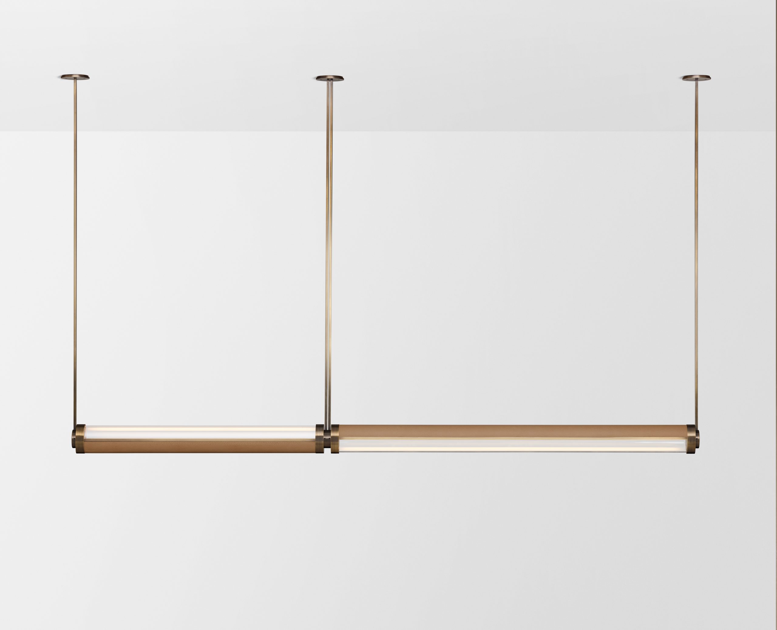 Articolo Studios Luxury Lighting Swivel Double Pendant in Bronze with Nougat Leather Inlay