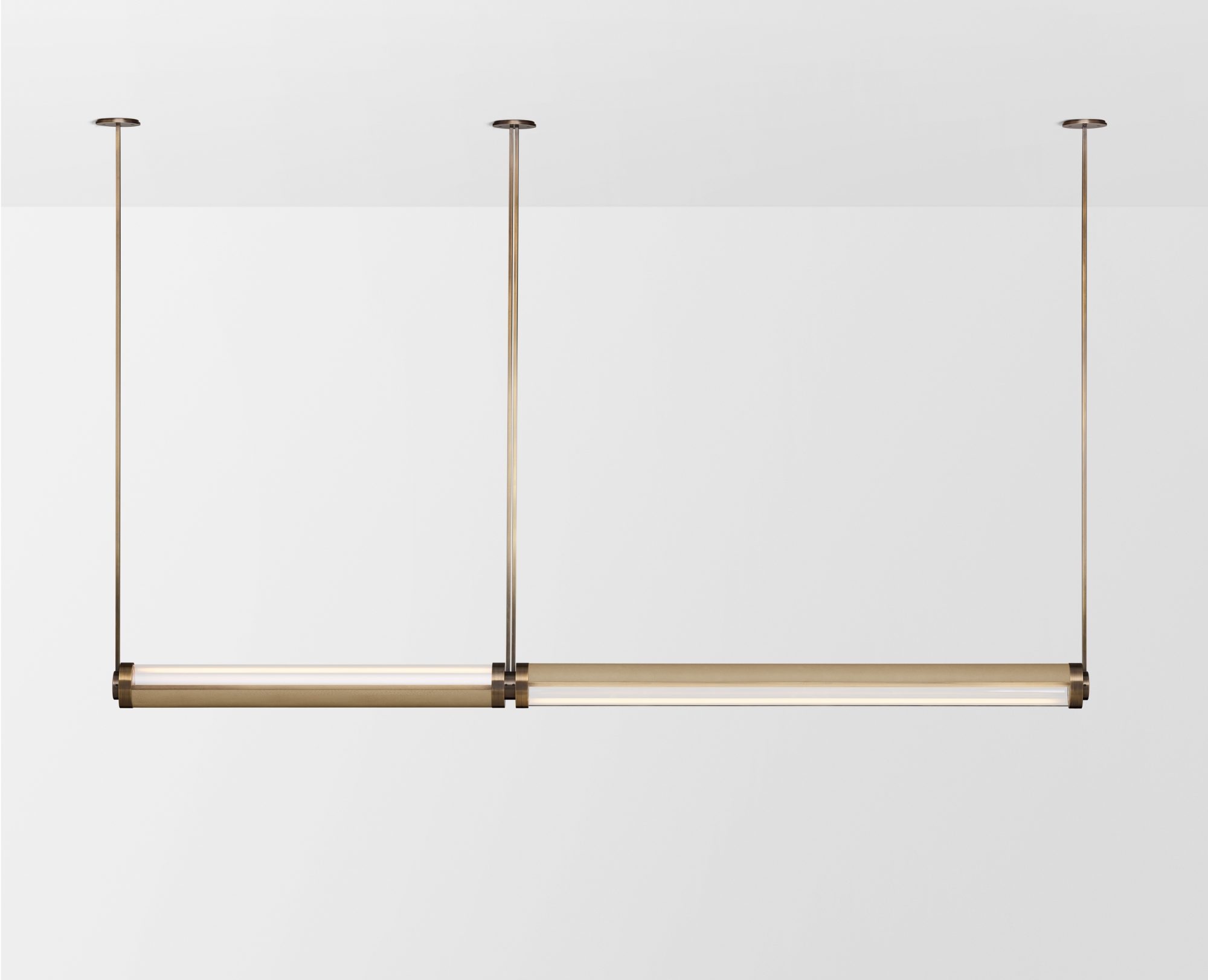 Articolo Studios Luxury Lighting Swivel Double Pendant in Bronze and Titanium Leather Inlay