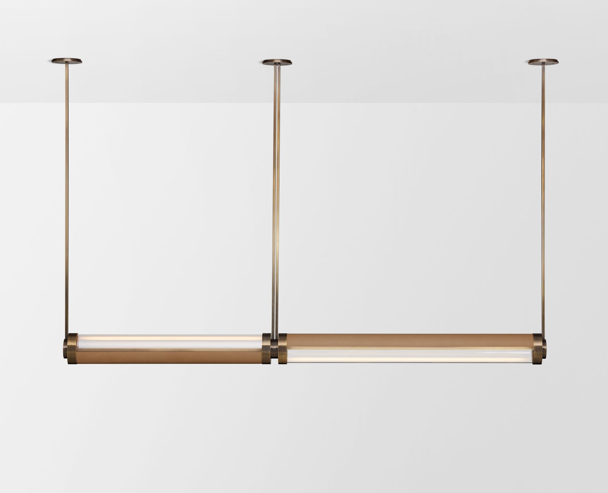 Articolo Studios Luxury Lighting Swivel Double Pendant in Bronze and Noughat leather Inlay