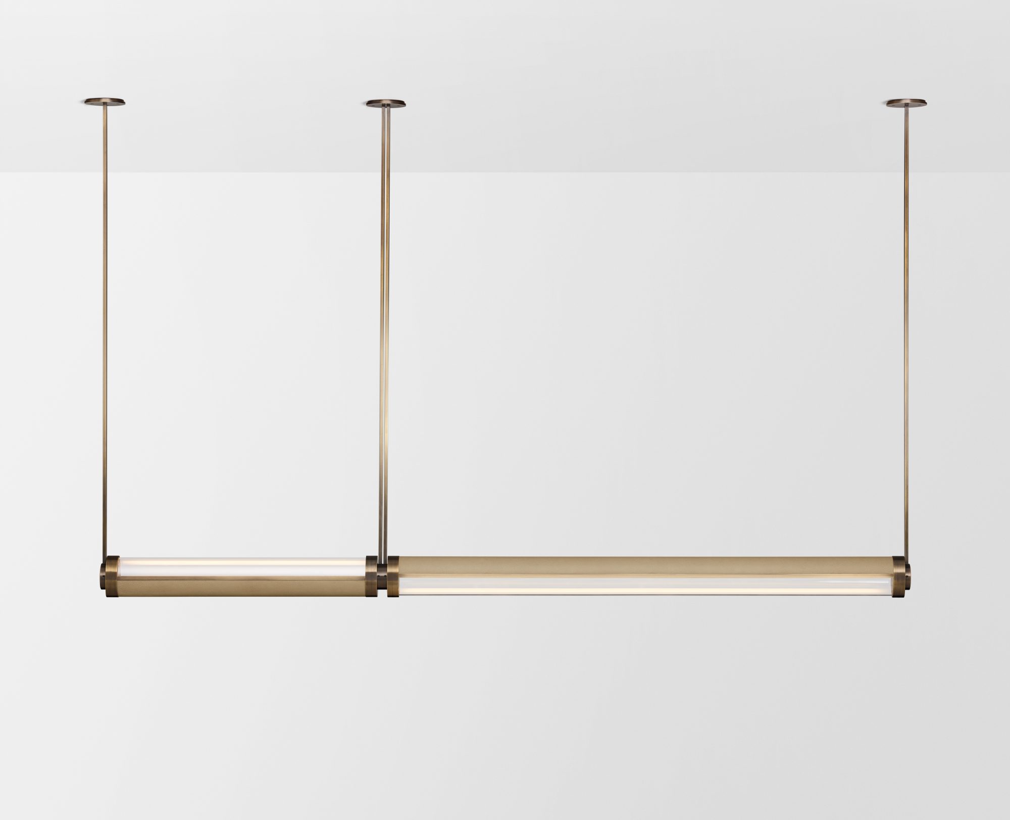 Articolo Studios Luxury Lighting Swivel medium and Extra Large Double Pendant in Bronze with Cascade Leather Inlay