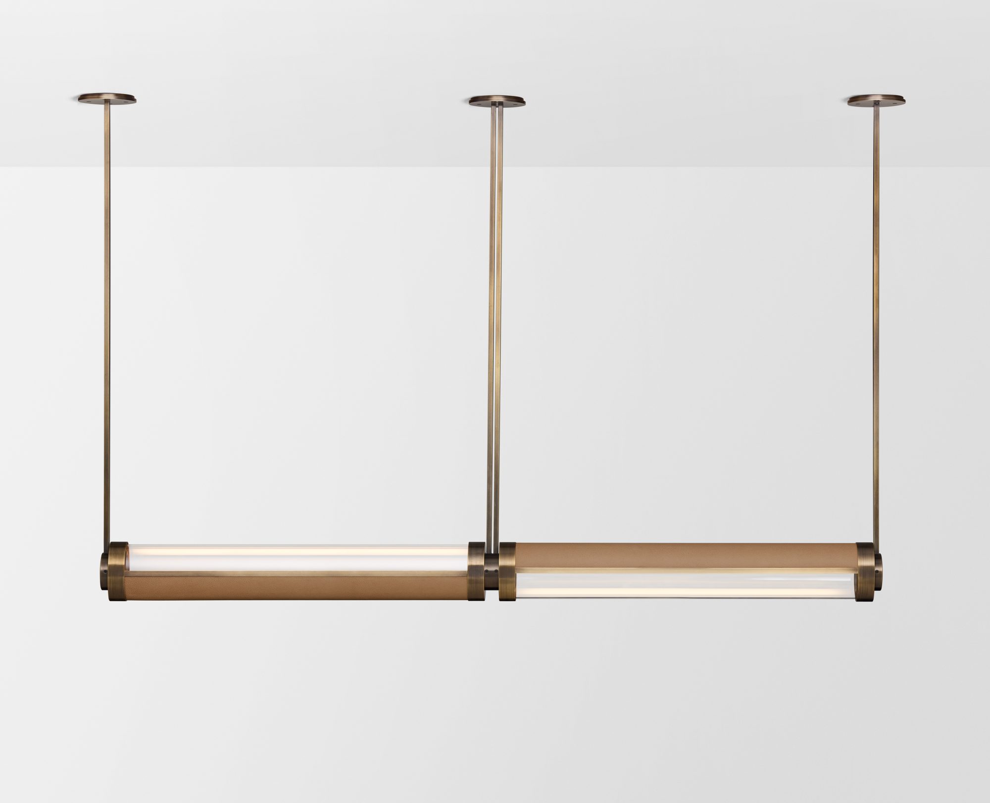 Articolo Studios Luxury Lighting Swivel Double Pendant in Bronze and Nougat Leather Inlay