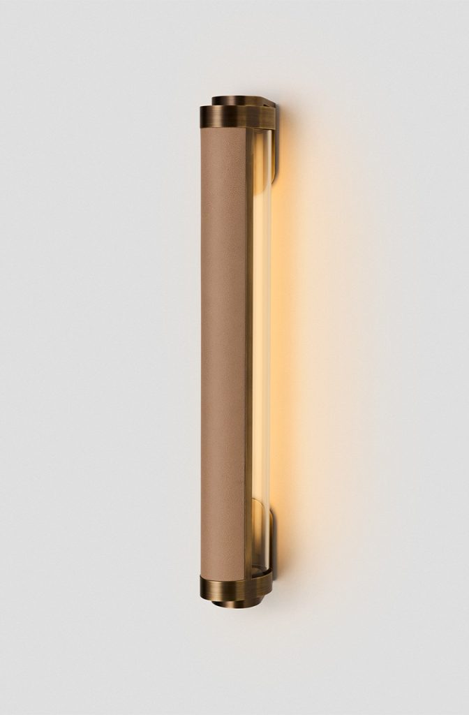 Articolo Studios Luxury Lighting Swivel Sijngle Wall Sconce in Bronze with Nougat Leather Inlay