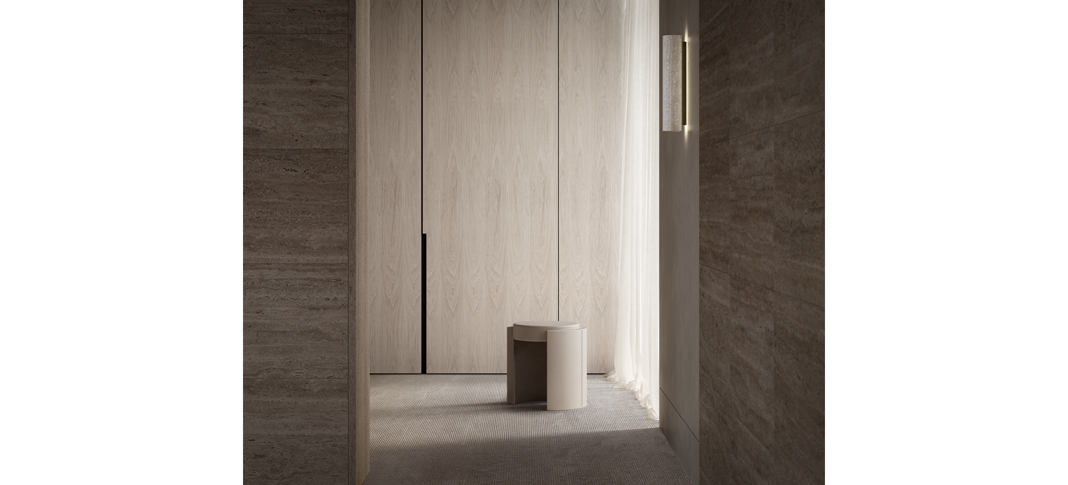 Articolo Studios luxury lighting. cuff stool in latte and the 12:40 backward facing wall sconce