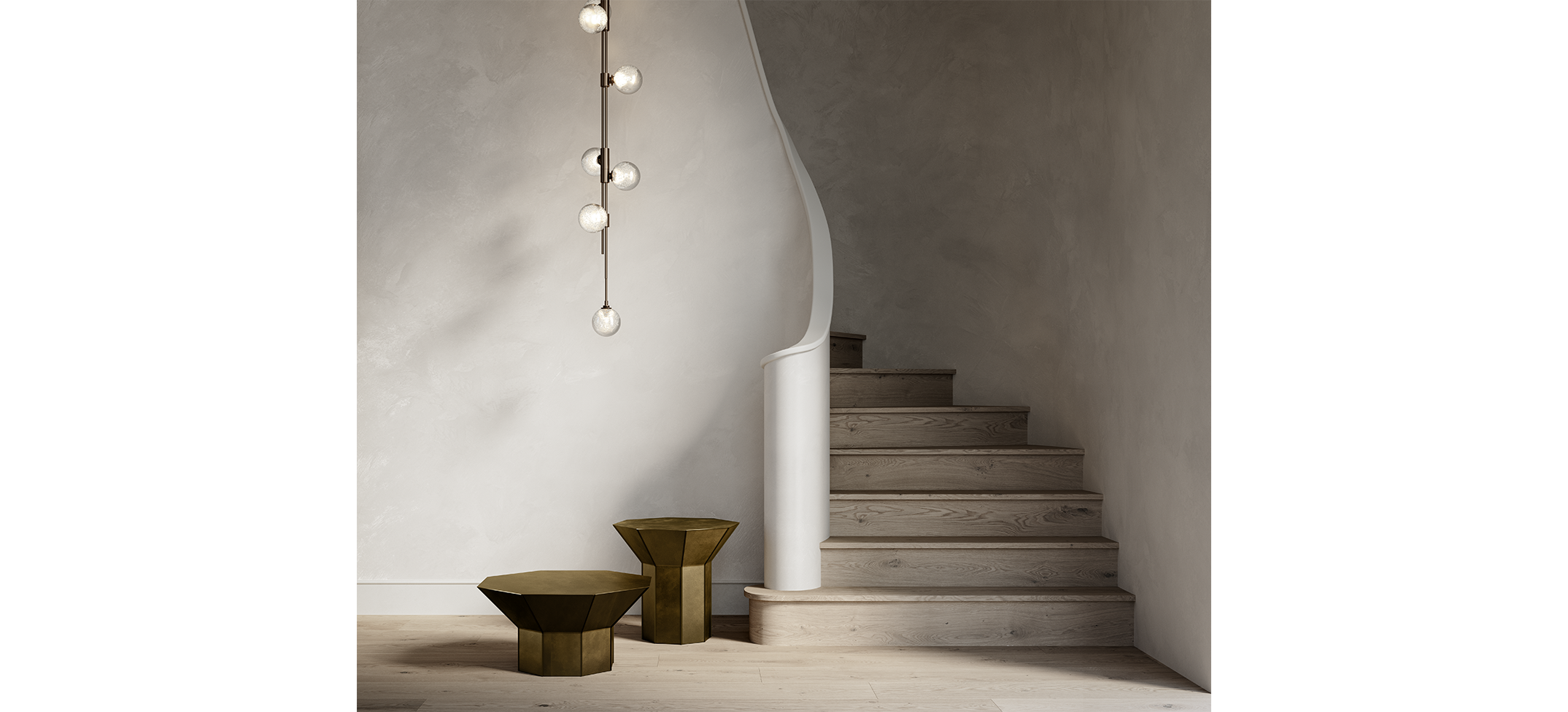 Articolo Studios luxury lighting flare side tables in burnished brass and trilogy 6 ball pendant in brass