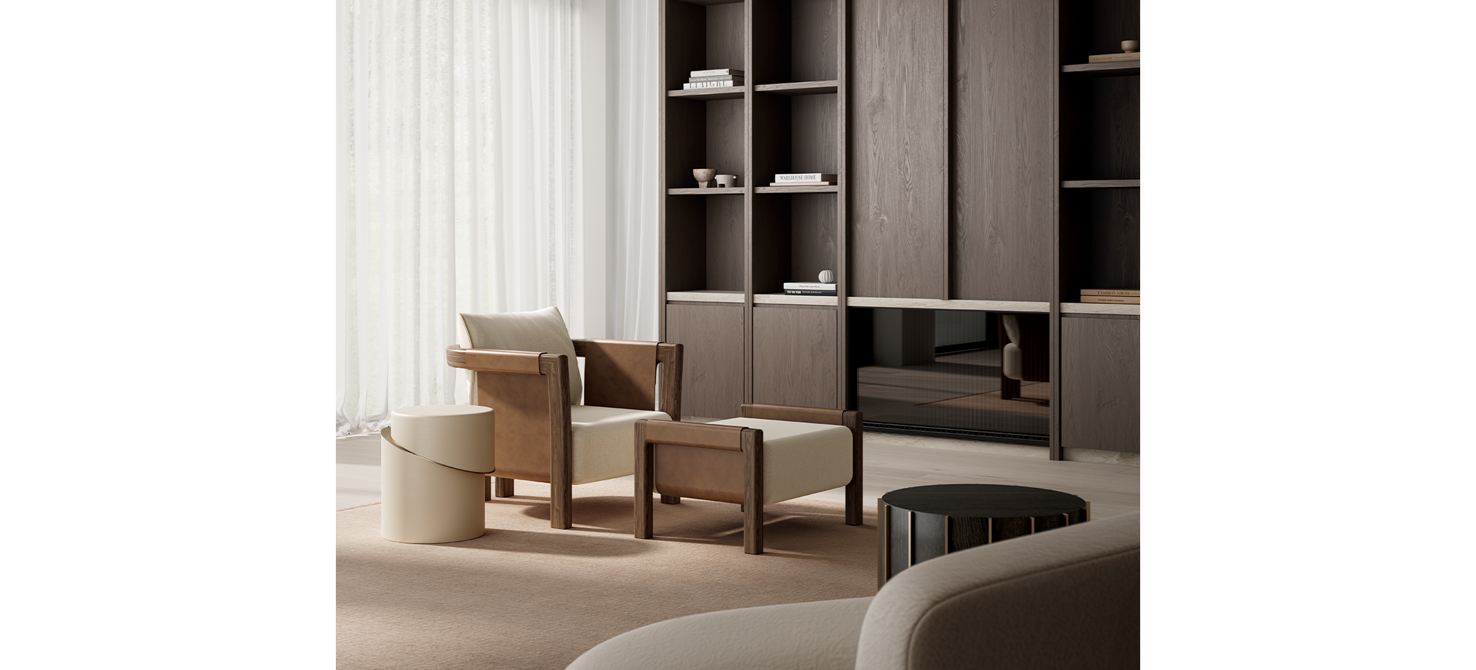 Articolo Studios luxury lighting. Saddle armchair and saddle ottoman in driftwood. leather, walnut and bone linen details. Slip side table