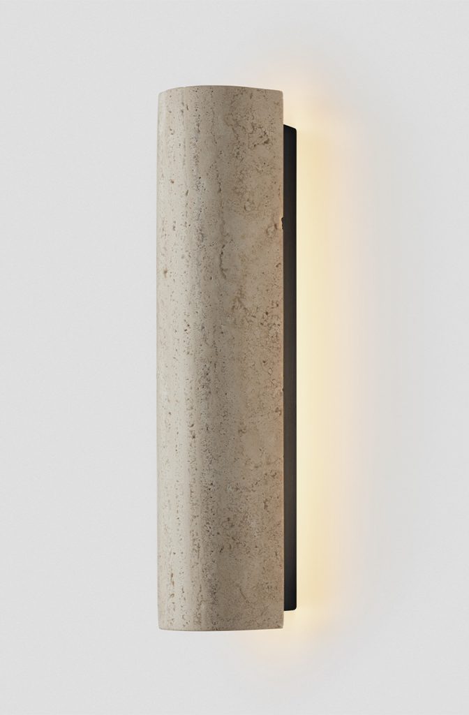 Articolo Studios luxury lighting. 12:40 backward facing wall sconce in travertine and black electroplate