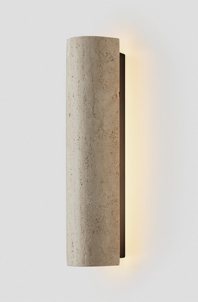 Articolo Studios luxury lighting. 12:40 backward facing wall sconce in travertine and bronze