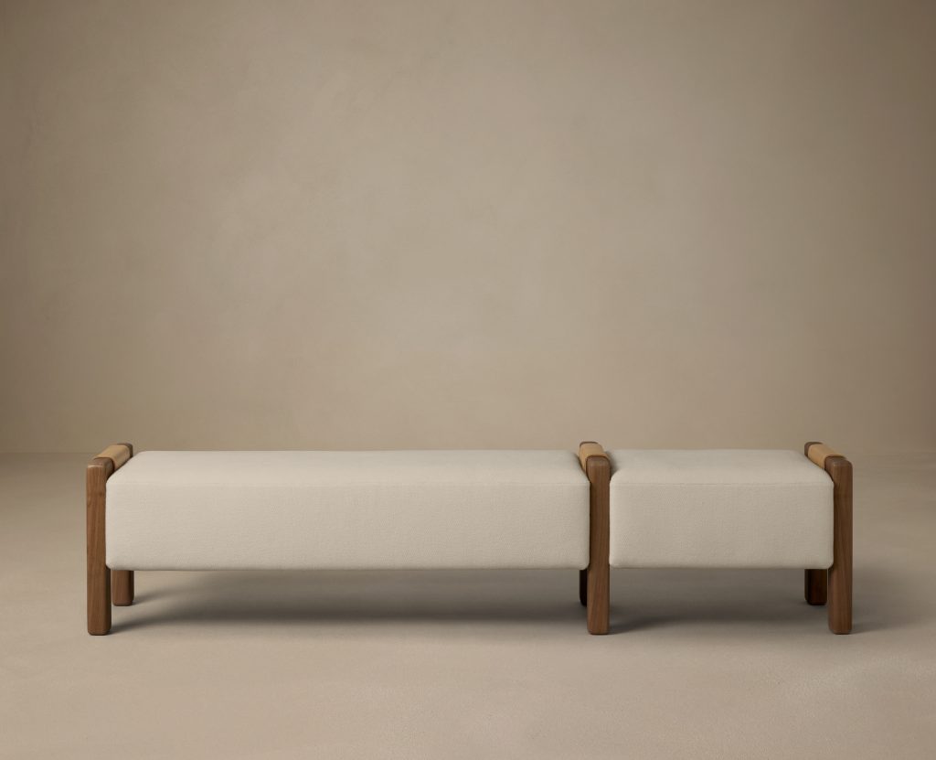 Articolo Studios Luxury Lighting Saddle Bench in nougat Leather, Walnut and Bone Linen
