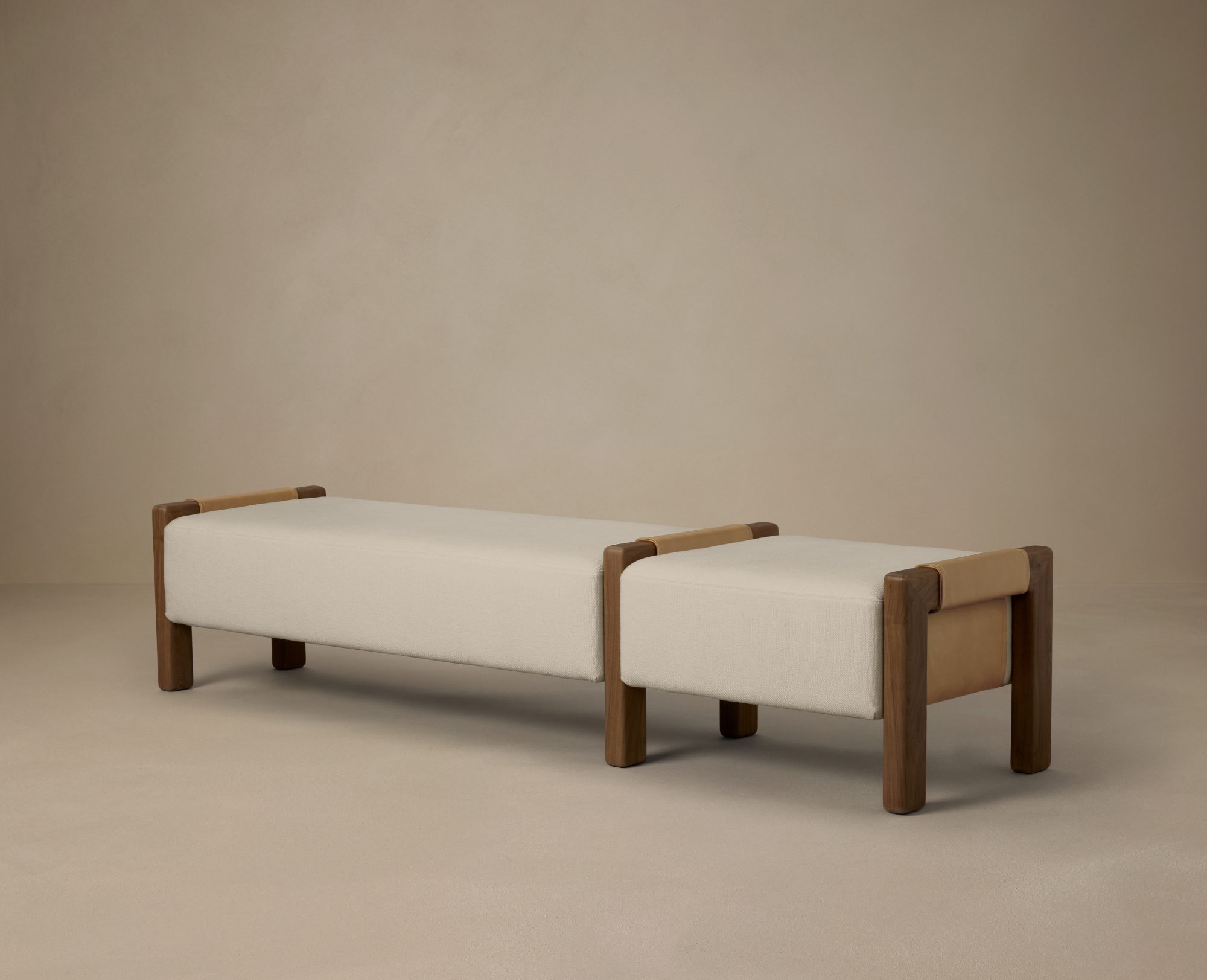 Articolo Studios Luxury Lighting Saddle Bench in Walnut, Nougat Leather and Bone Linen