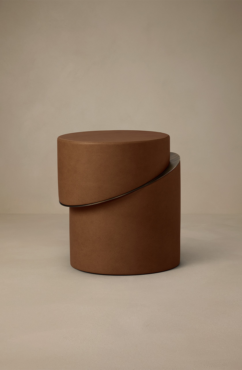Articolo Studios Luxury Lighting Slip Side Table in Driftwood Leather and Bronze Detail