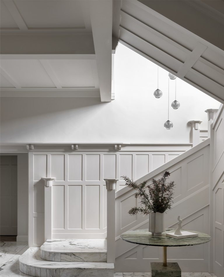Articolo Studios Luxury Lighting Fizi Ball Multidrop in Stairwell Void of Toorak Residence by Homeroom Studio