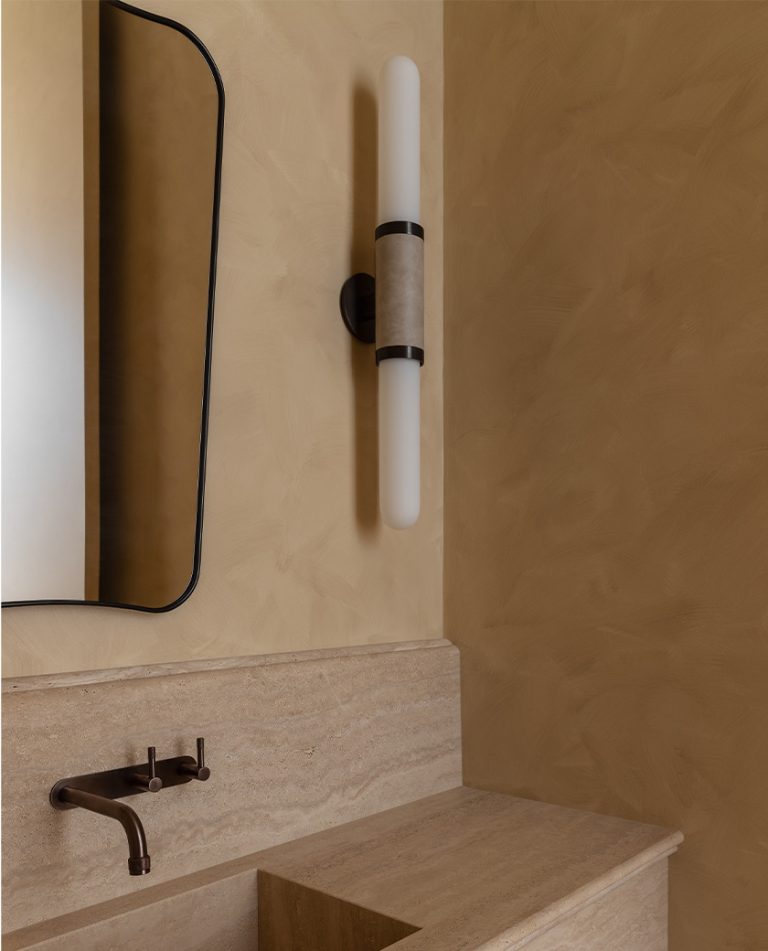 Articolo Studios Luxury Lighting Scandal Wall Sconce in Bathroom of House Caramel by CHJ Studio