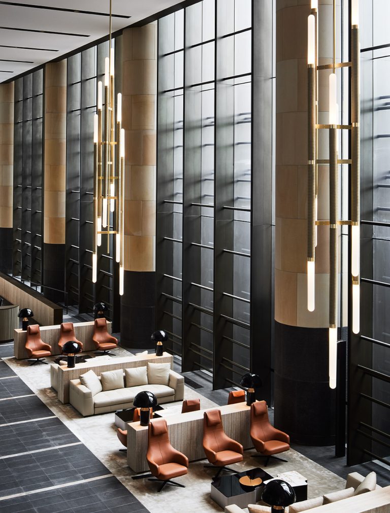 Articolo Studios Luxury Lighting Custom Staggered Scandal Pendant on Parramatta Square Hotel Lobby