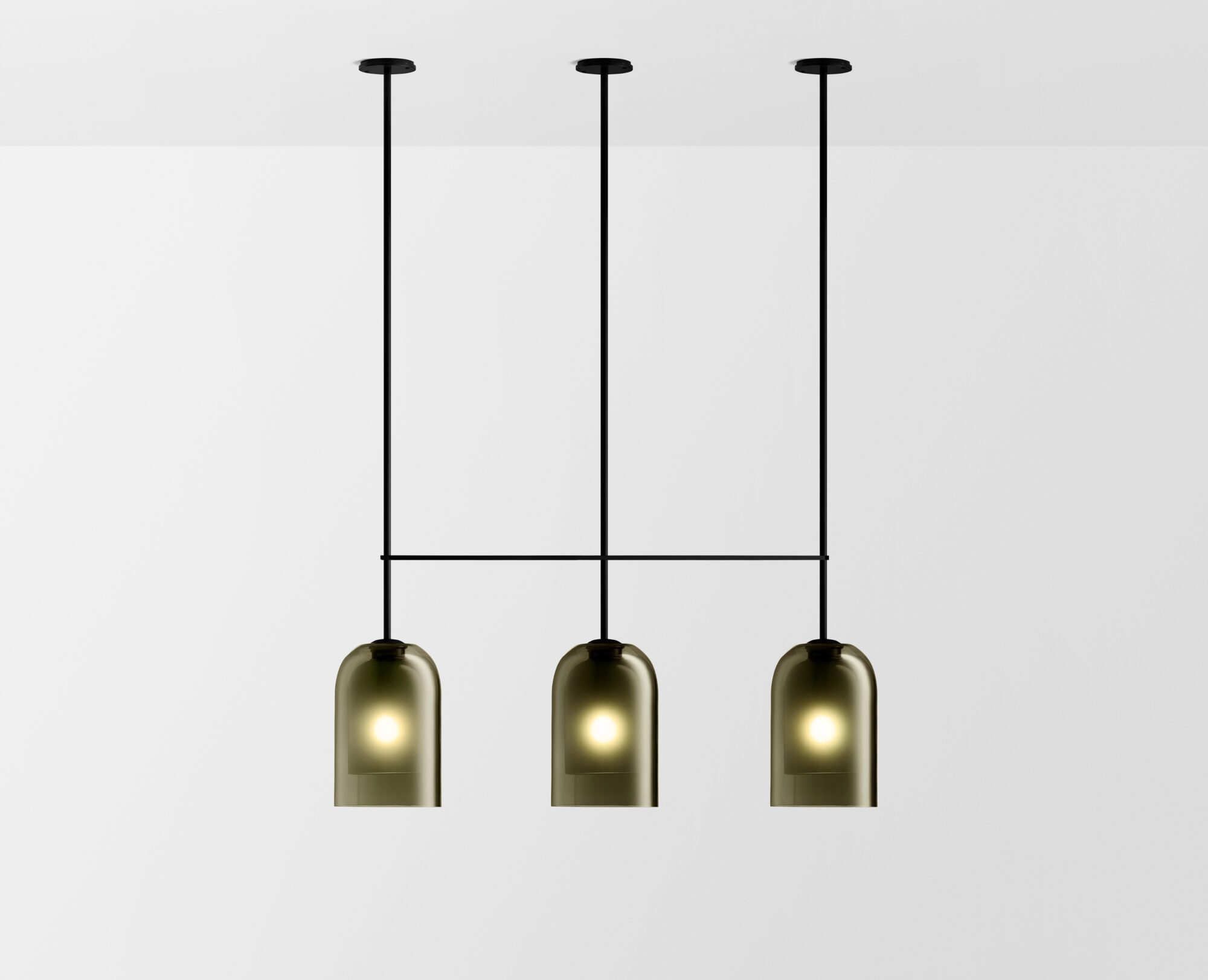 Articolo Studios Luxury Lighting Lumi Large Triple Pendant in Black Electroplate and Smoke Shades
