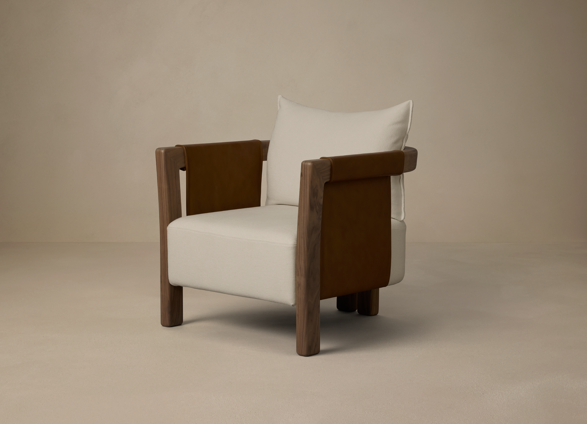 Articolo Studios Luxury Lighting Saddle Arm Chair in Walnut Veneer, Pecan Leather and Bone Linen